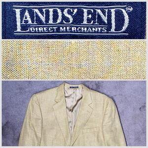 Lands' End Men 44 Long 100% Silk Herringbone British Tan Aqua White Check Blazer